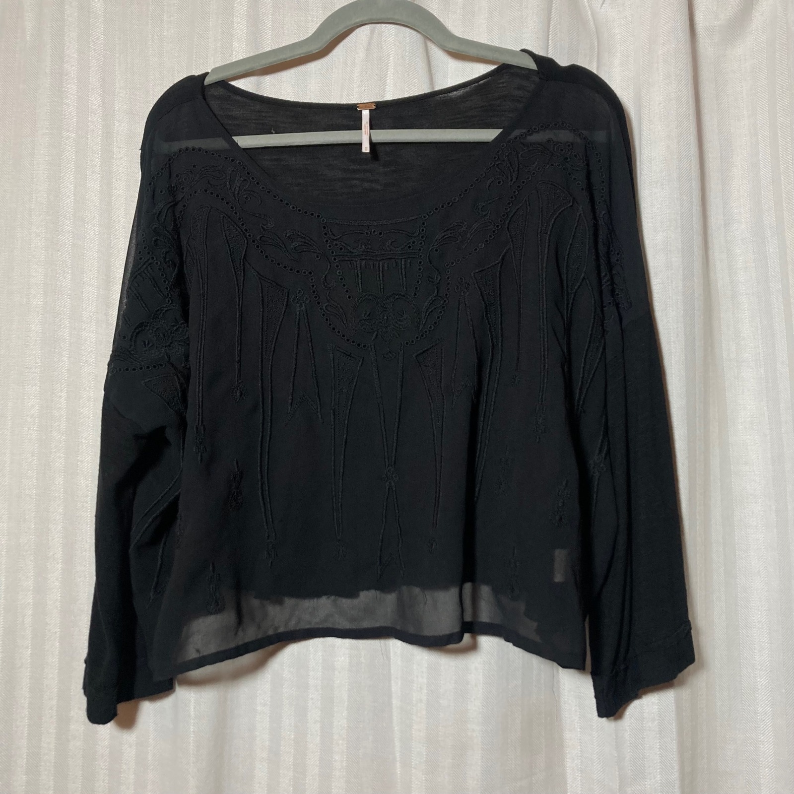 Free People Black Embroidery Sheer Long Sleeve Boho Blouse Top M Whismigoth Boho